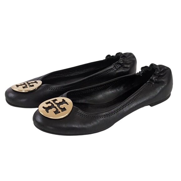 Tory Burch Reva Ballet Flats Shoe Womens 6 Black Slip On Metal Logo Travel Prepp - Picture 1 of 14